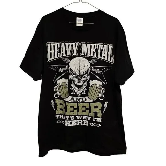 Port and Company Heavy Metal And Beer Funny Graphic T-Shirt Black Size Large - Picture 1 of 5